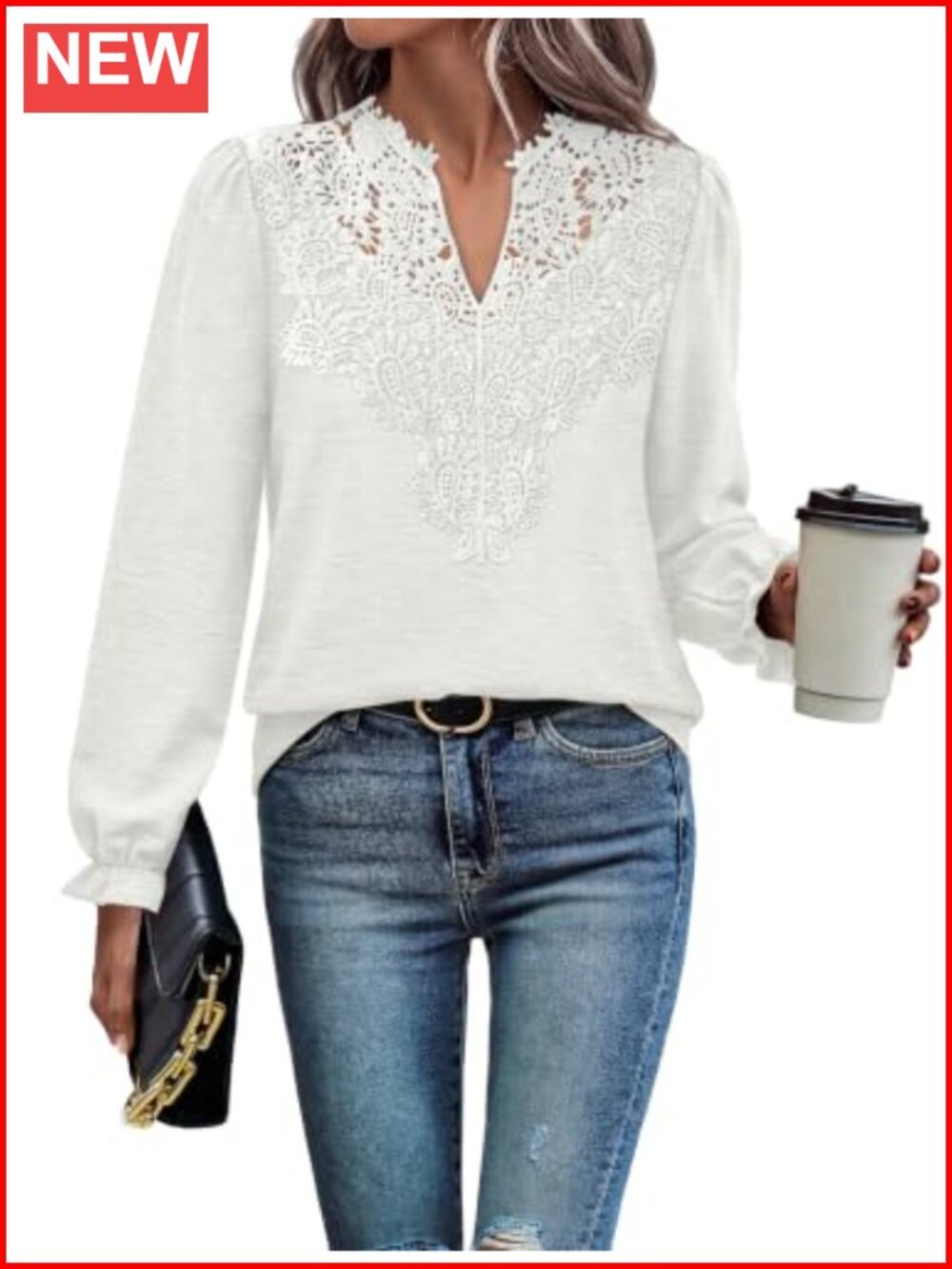 Women's Lace Long Sleeve Boho Blouse - V Neck Lightweight Top